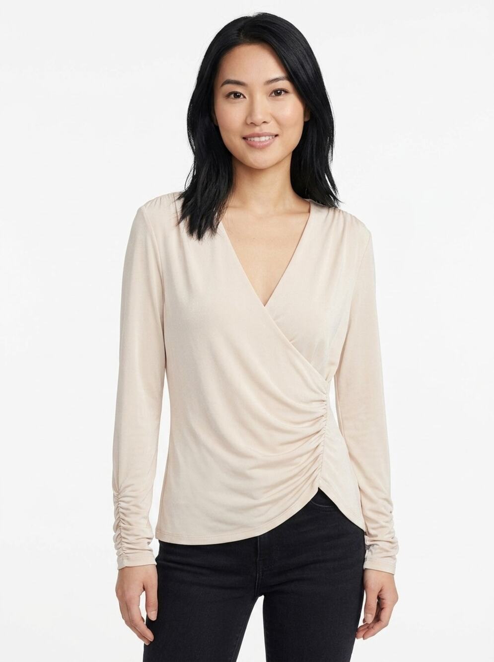 Express Beige Ruched Surplice Wrap V-Neck Blouse Women Size S